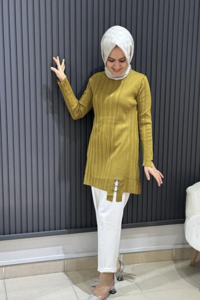 Toka detay merserize tunik Yağ Yeşili