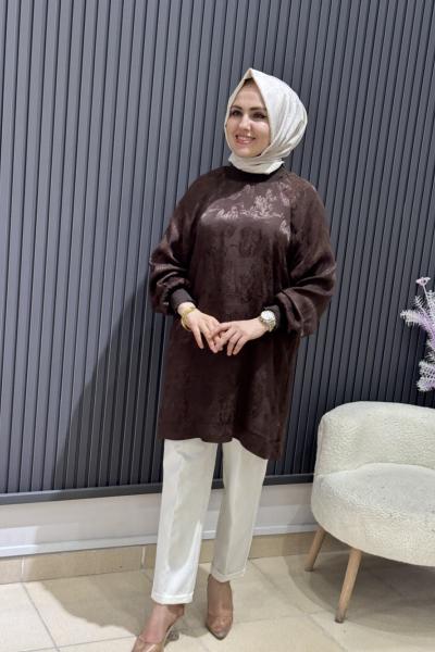 Yaprak desen jakarlı tunik Kahverengi